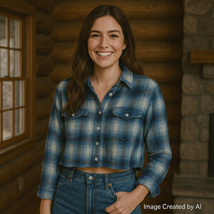 American Eagle Flannel Womens XS Blue Plaid Cropped Button Up Long Sleeve